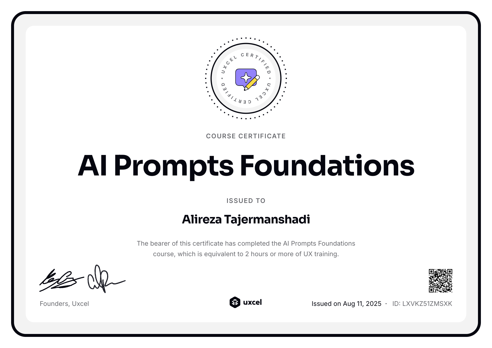 Alireza Tajermanshadi's certificate